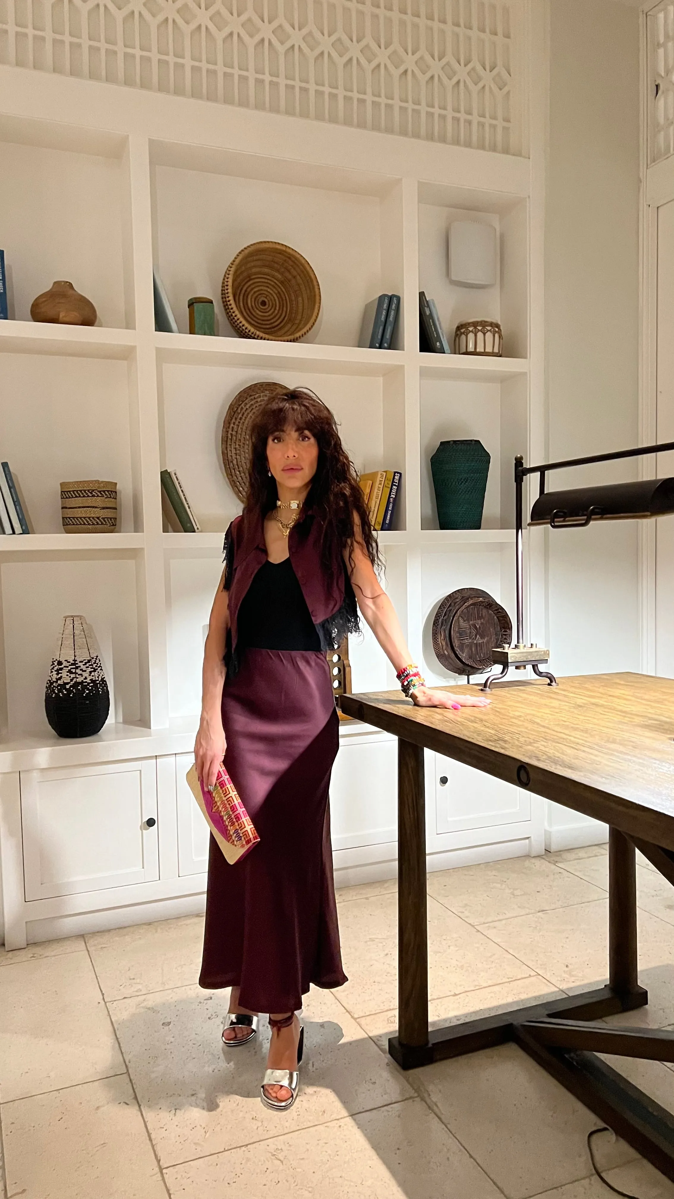 Amal Draped Satin Skirt in Burgundy