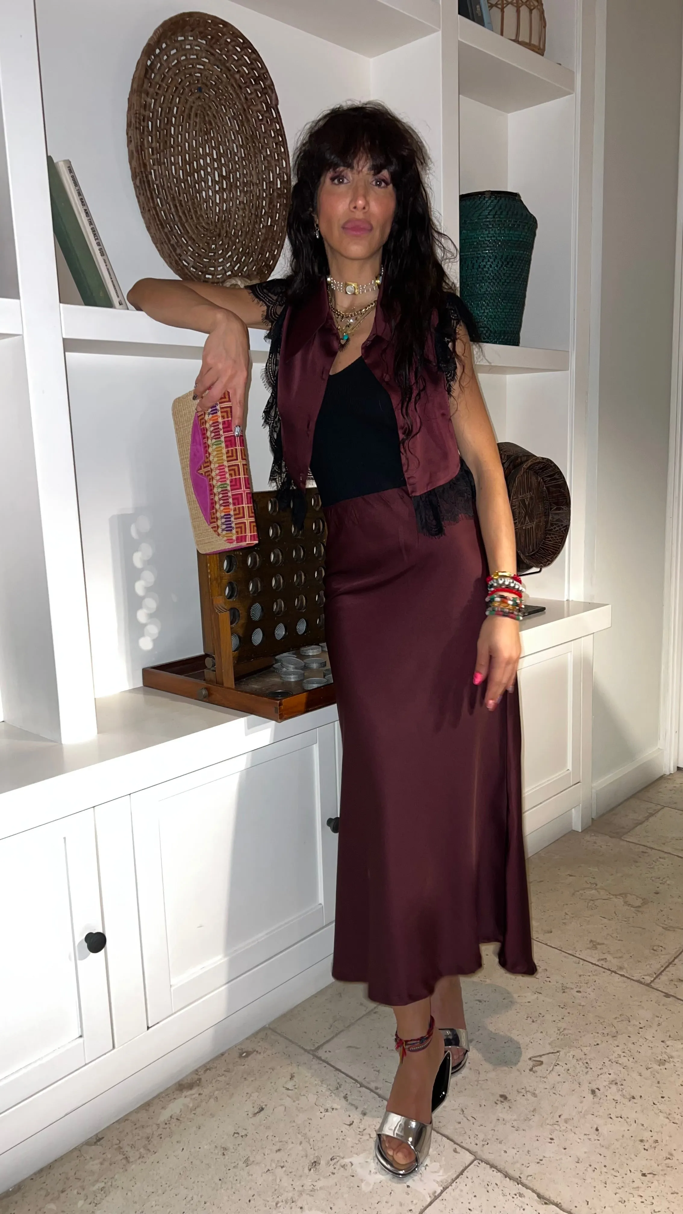 Amal Draped Satin Skirt in Burgundy