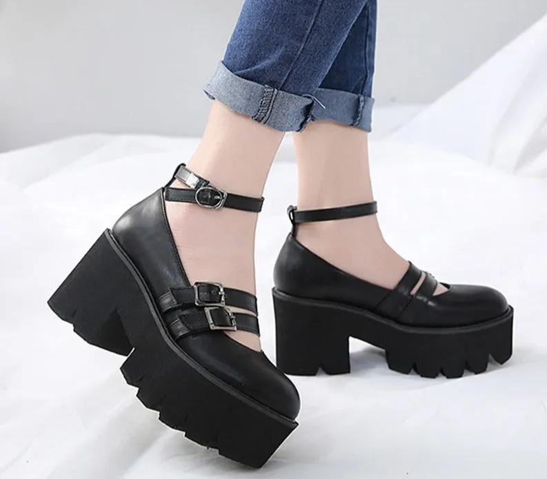 Amozae  Womens Pump Gothic Shoes Ankle Strap High Chunky Heels Platform Punk Creepers Shoes Female Fashion Buckle Comfortable