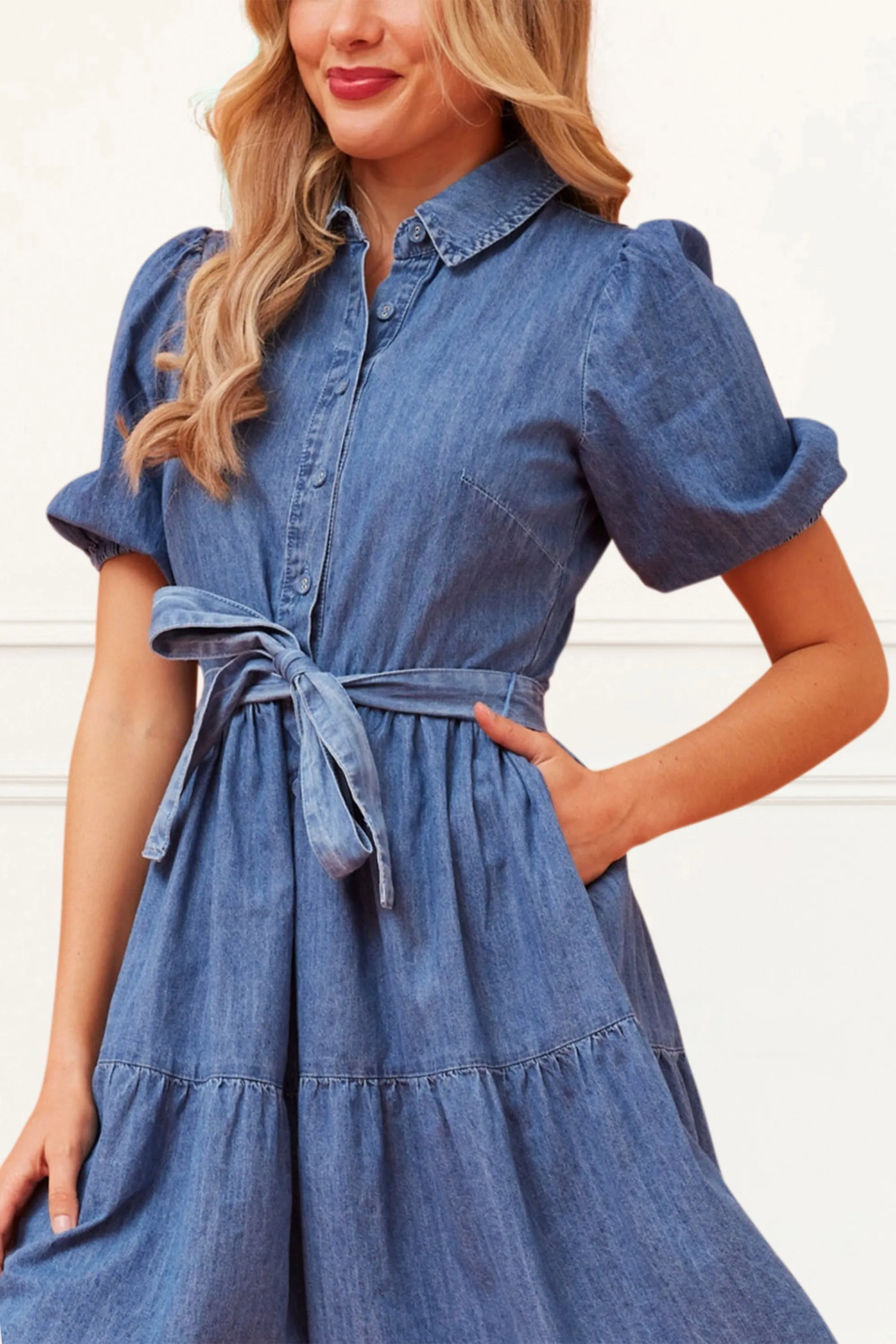 Bella Denim Shirt Dress Short Sleeve Button Down Tie Waist Pockets