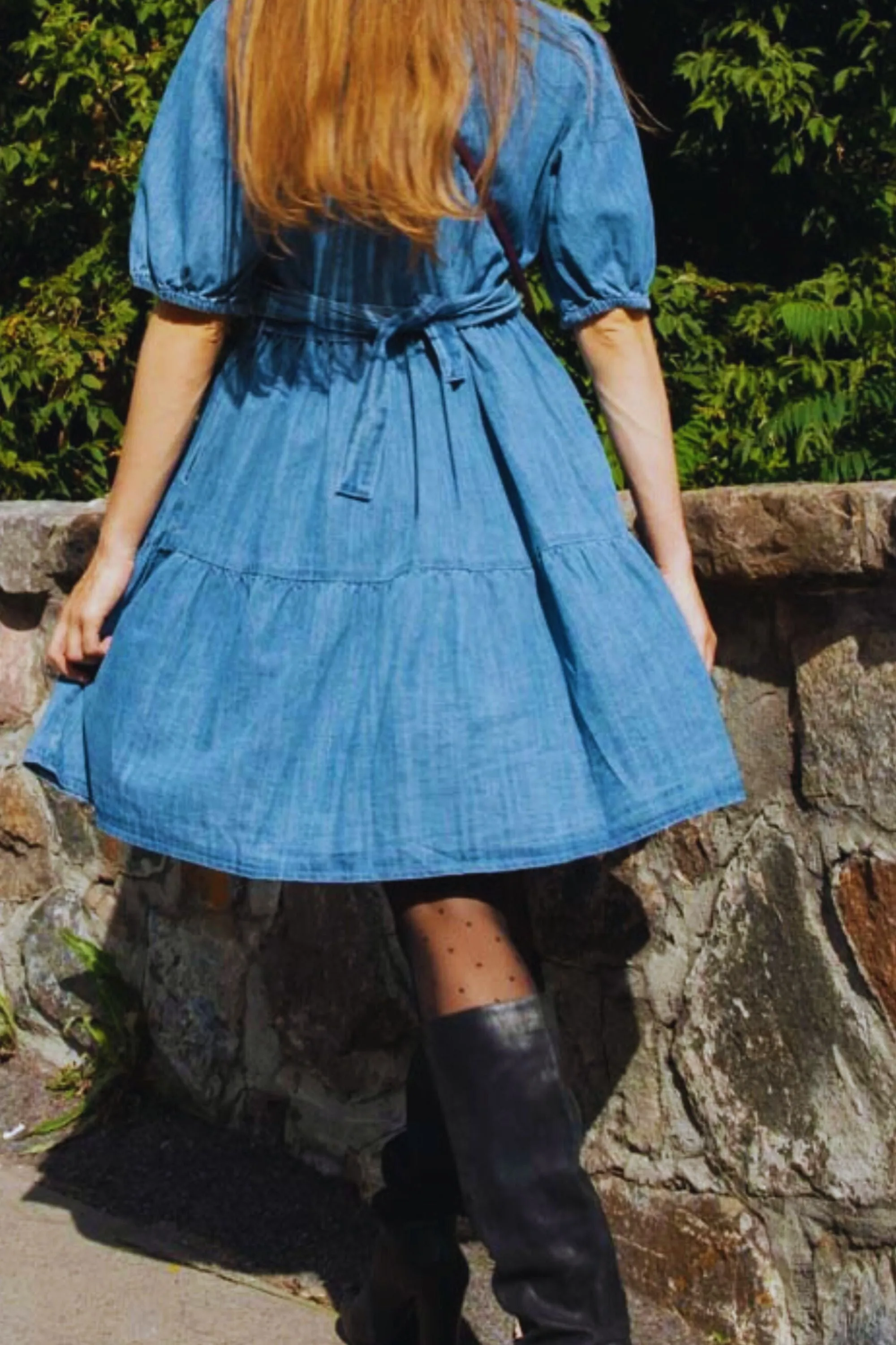 Bella Denim Shirt Dress Short Sleeve Button Down Tie Waist Pockets