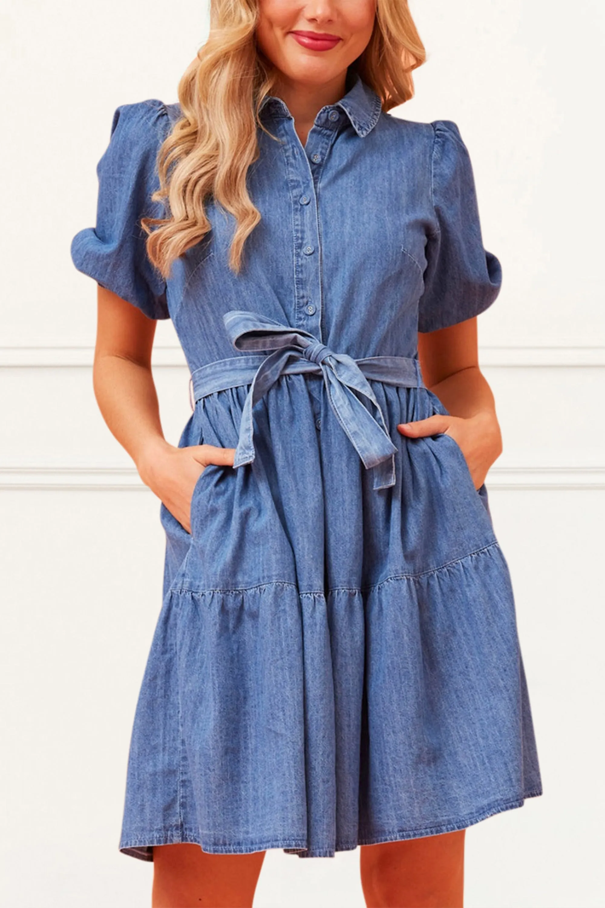 Bella Denim Shirt Dress Short Sleeve Button Down Tie Waist Pockets