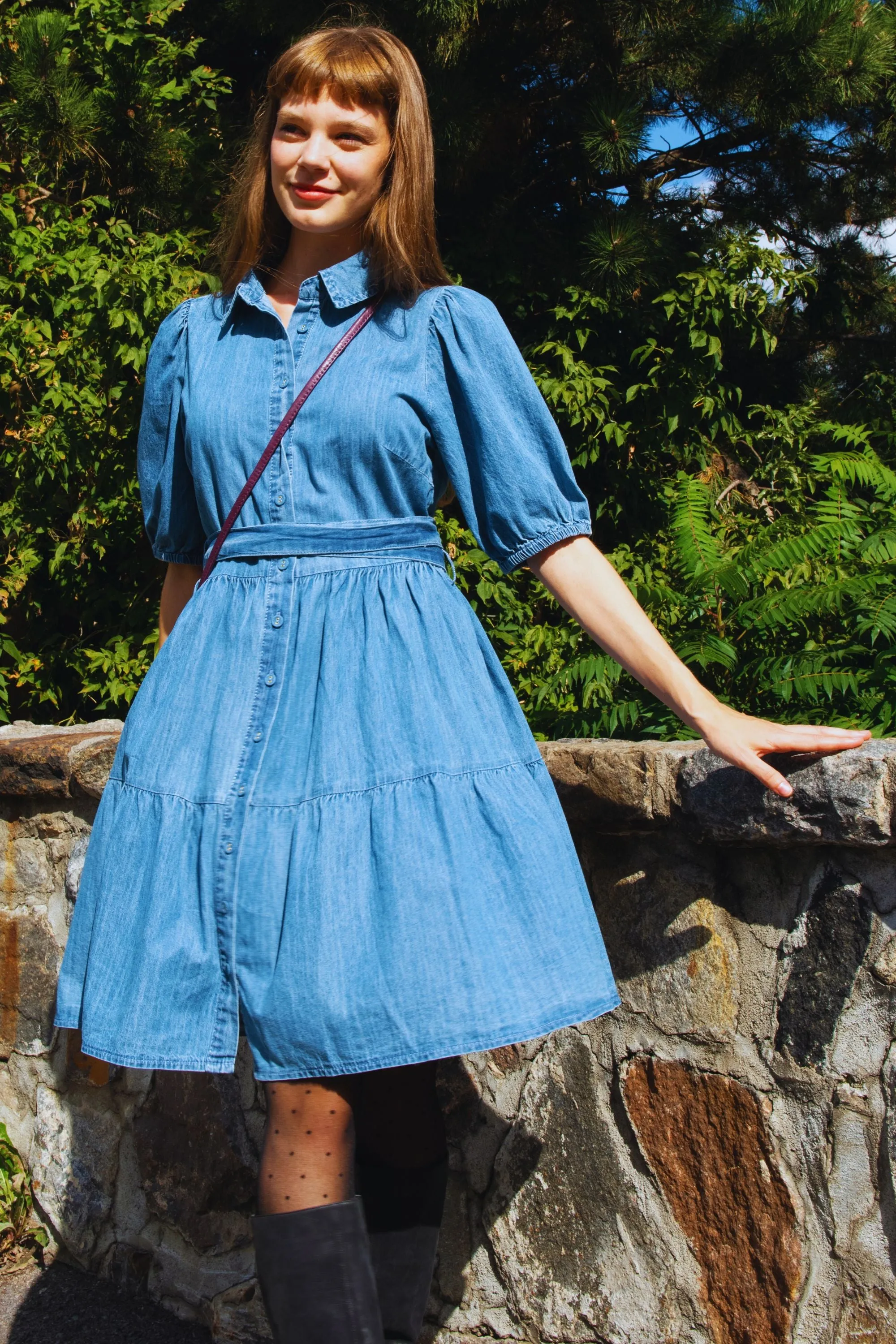 Bella Denim Shirt Dress Short Sleeve Button Down Tie Waist Pockets