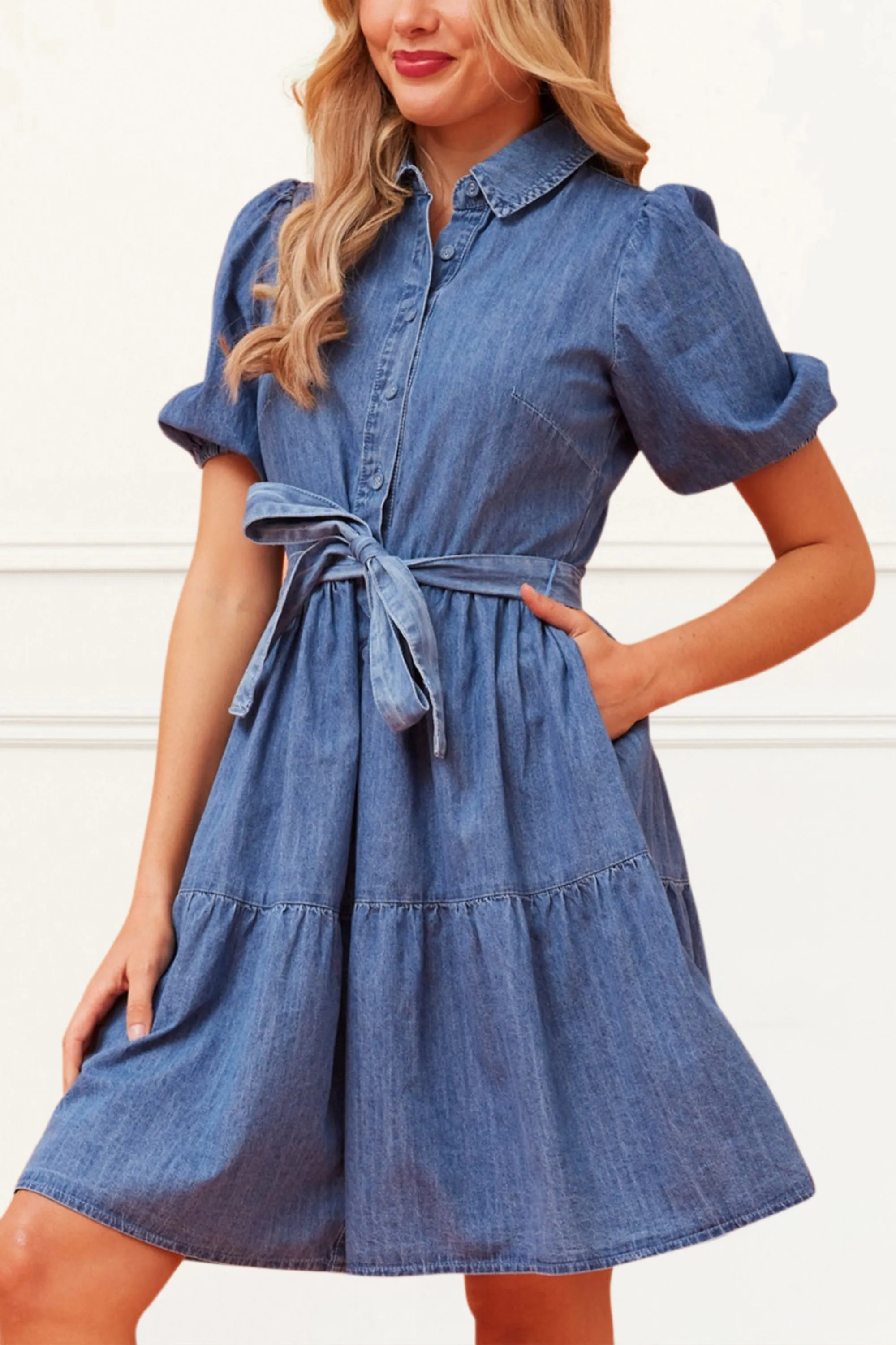 Bella Denim Shirt Dress Short Sleeve Button Down Tie Waist Pockets