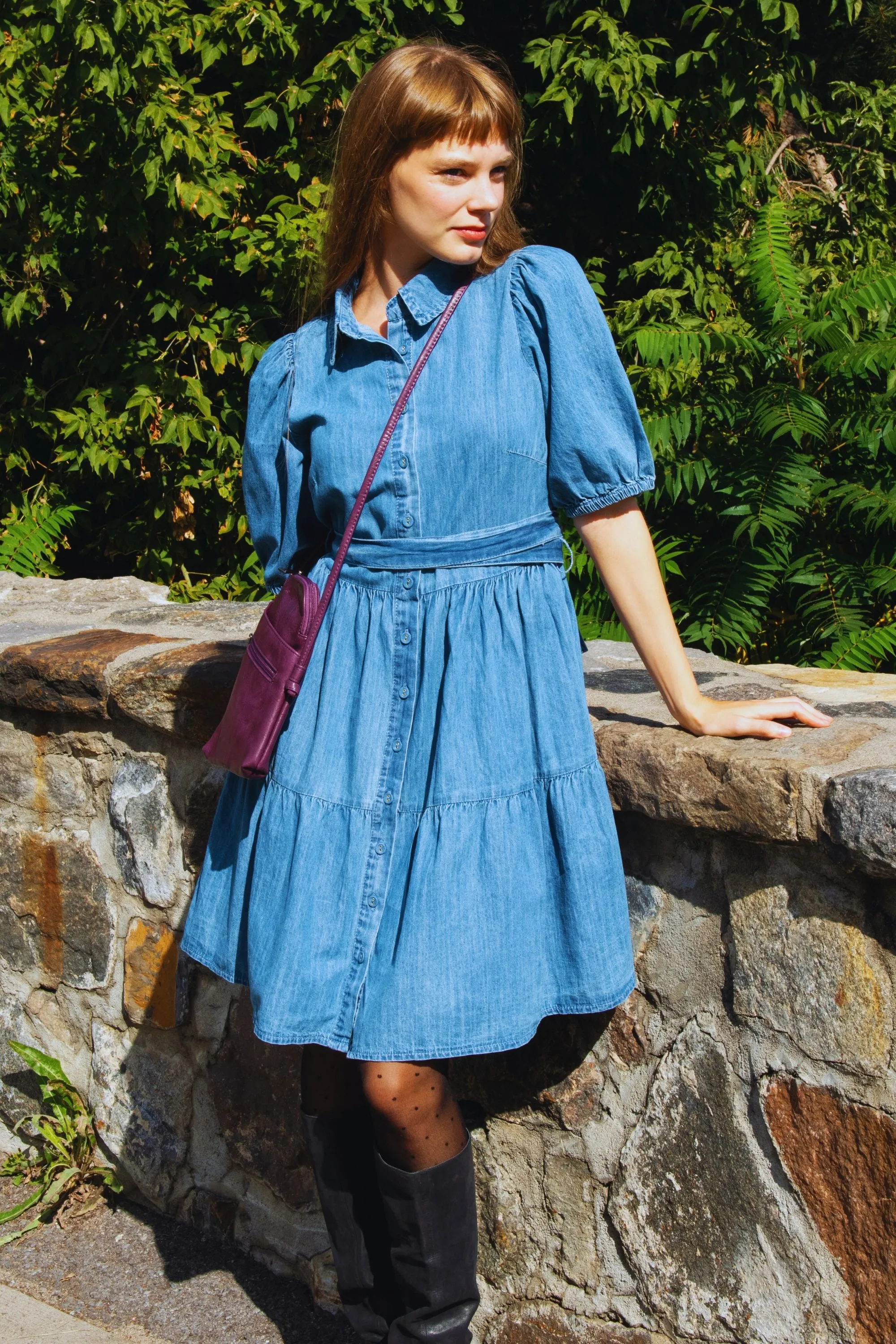 Bella Denim Shirt Dress Short Sleeve Button Down Tie Waist Pockets
