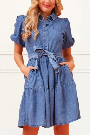 Bella Denim Shirt Dress Short Sleeve Button Down Tie Waist Pockets