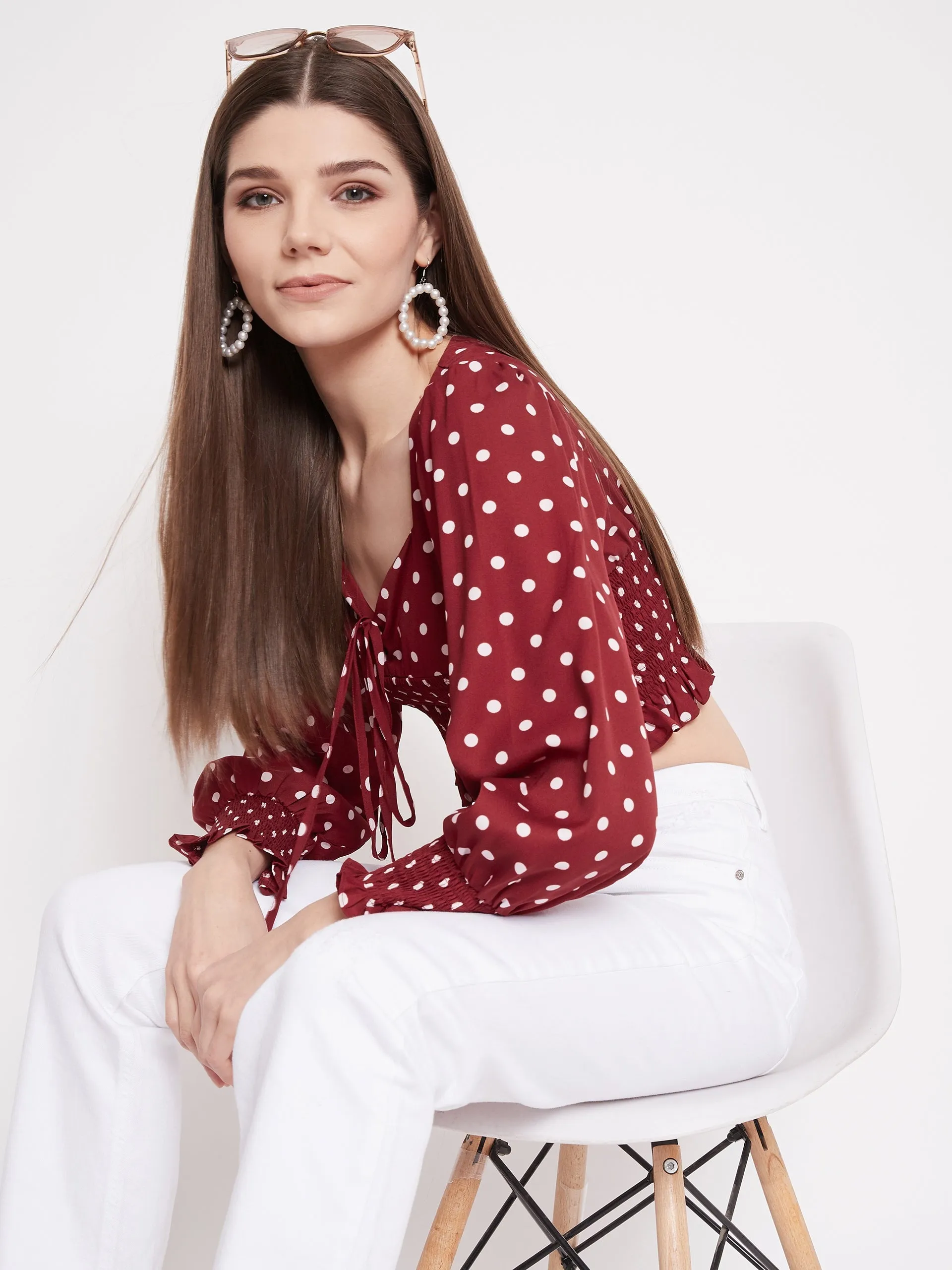 Berrylush Women Red Polka-Dot Print Front Tie Shirred Crop Top