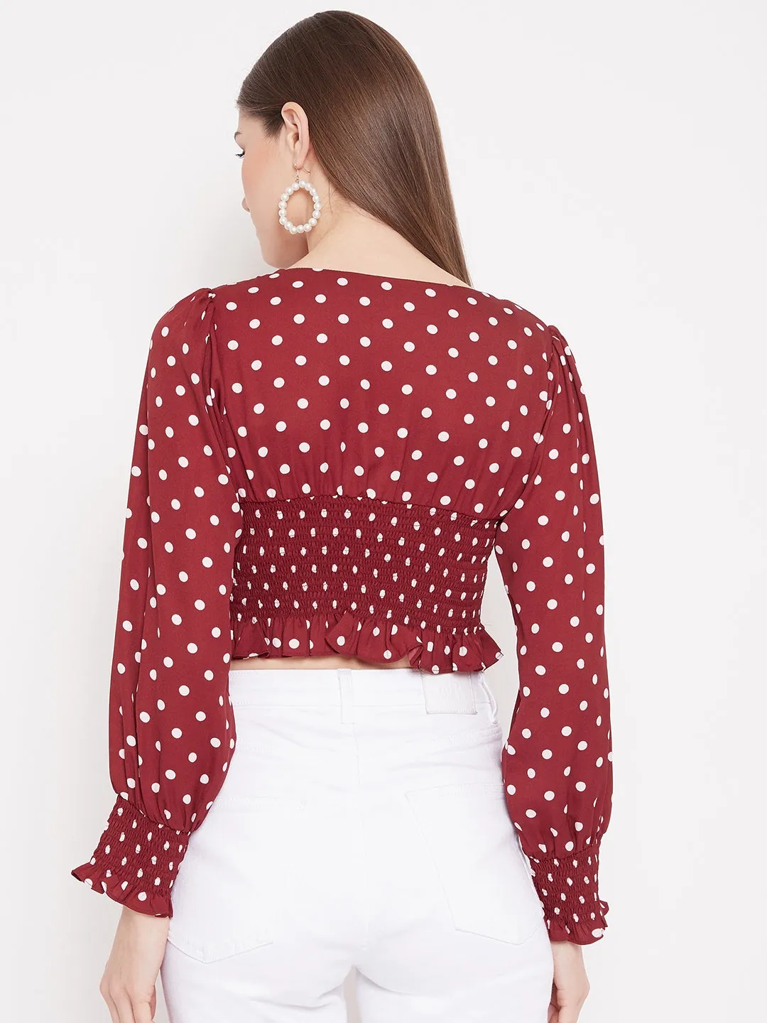 Berrylush Women Red Polka-Dot Print Front Tie Shirred Crop Top