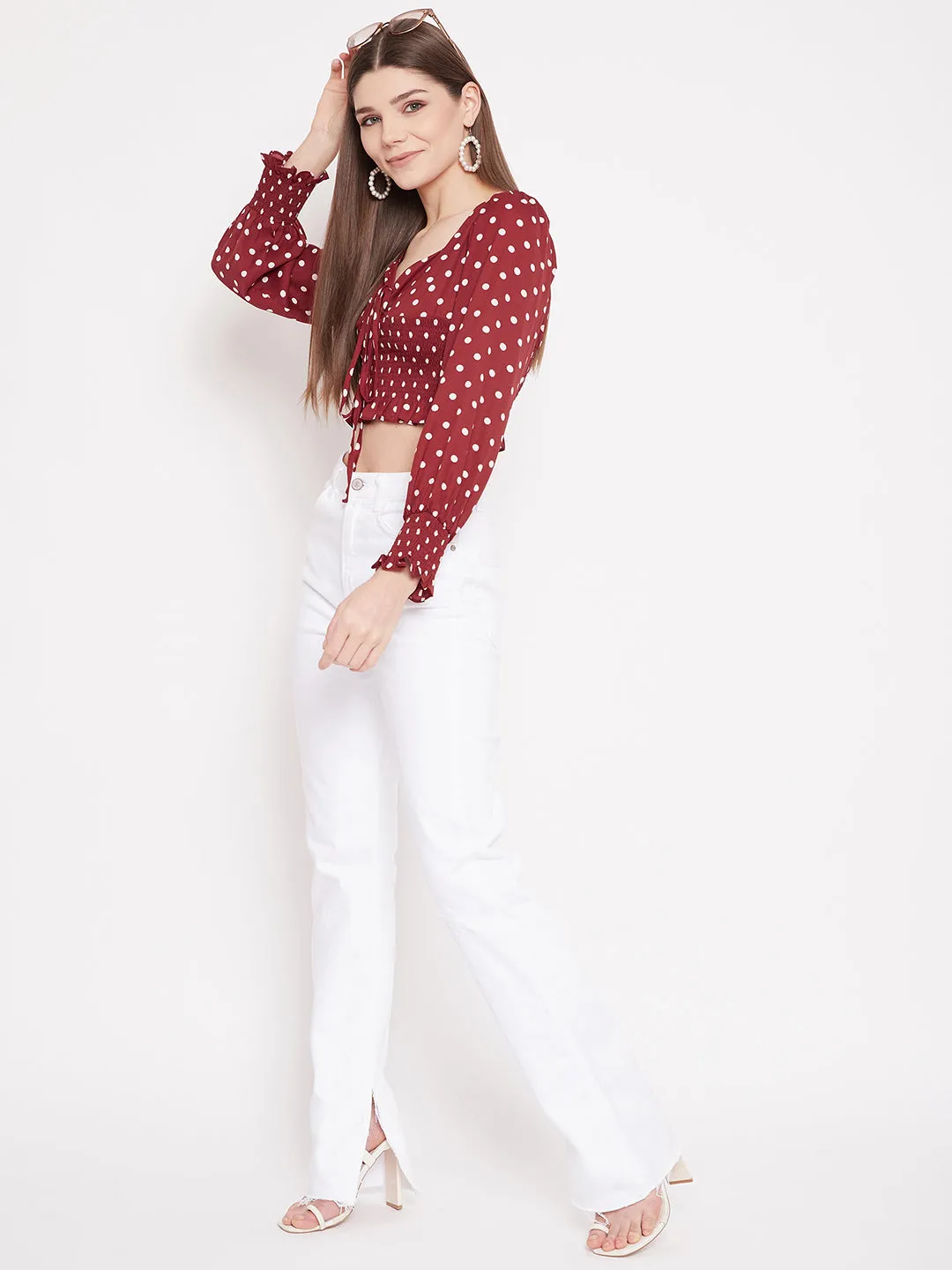 Berrylush Women Red Polka-Dot Print Front Tie Shirred Crop Top