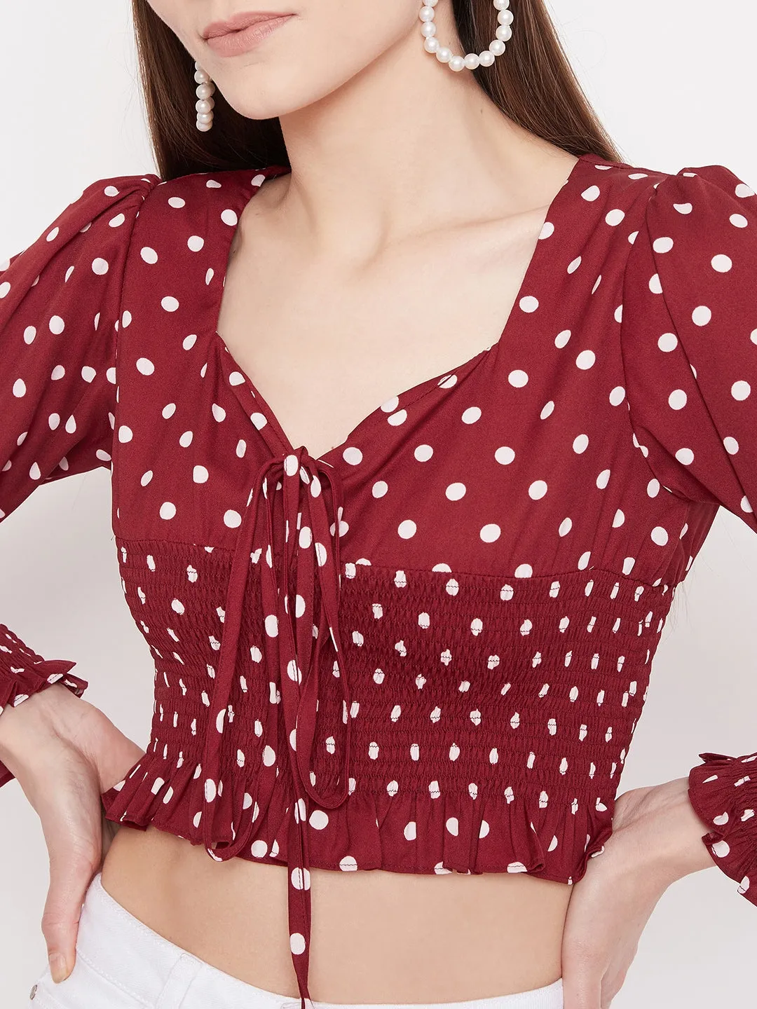 Berrylush Women Red Polka-Dot Print Front Tie Shirred Crop Top