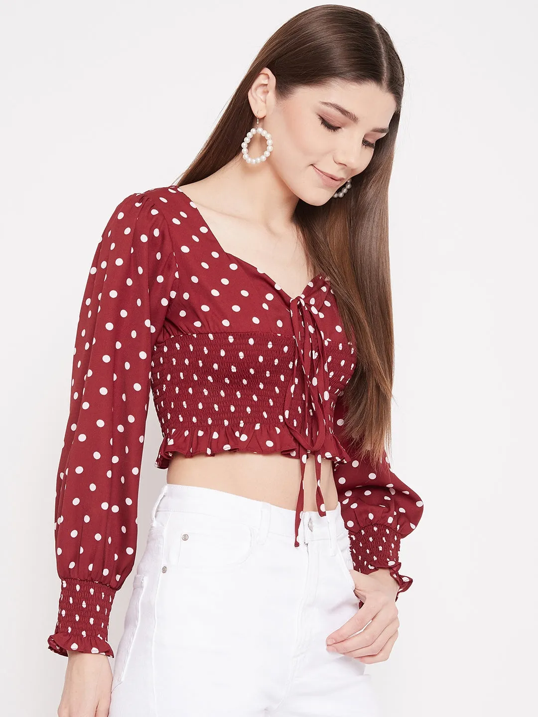 Berrylush Women Red Polka-Dot Print Front Tie Shirred Crop Top