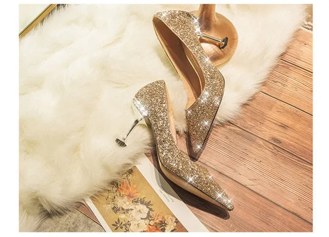 Crystal sequined wedding shoes high heel