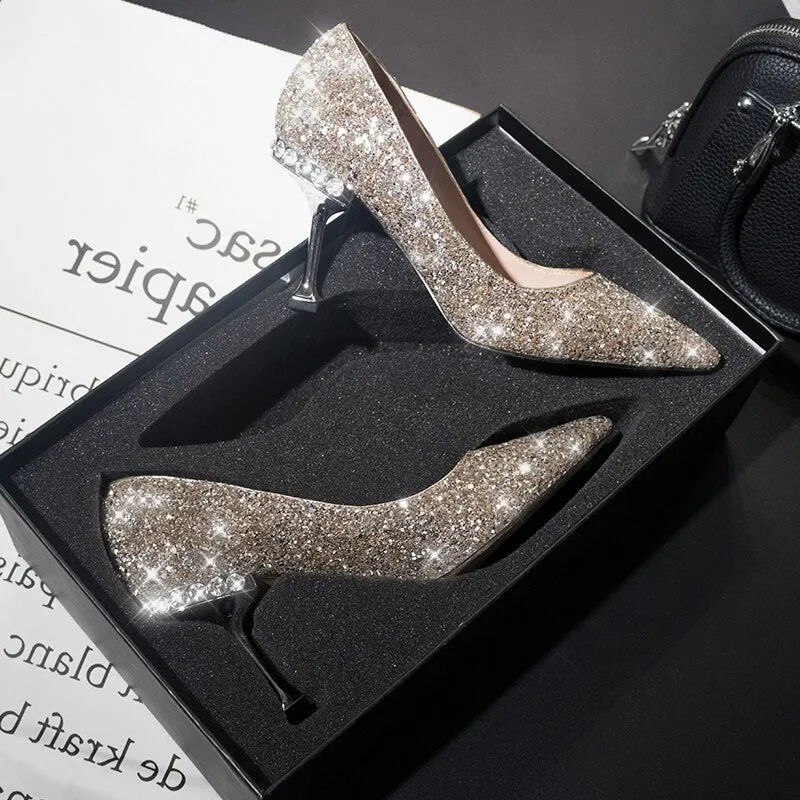 Crystal sequined wedding shoes high heel