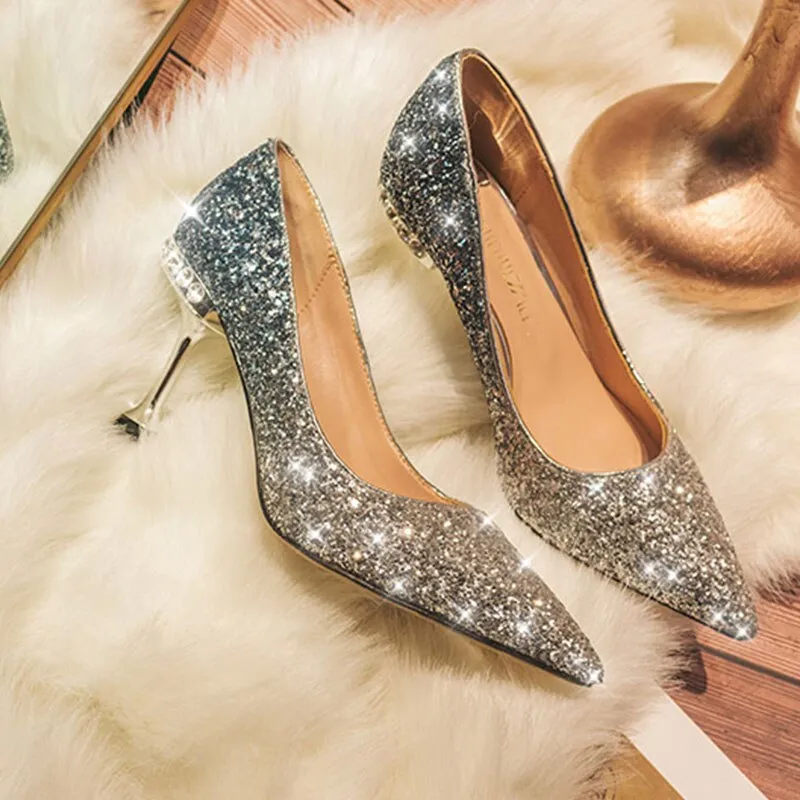 Crystal sequined wedding shoes high heel