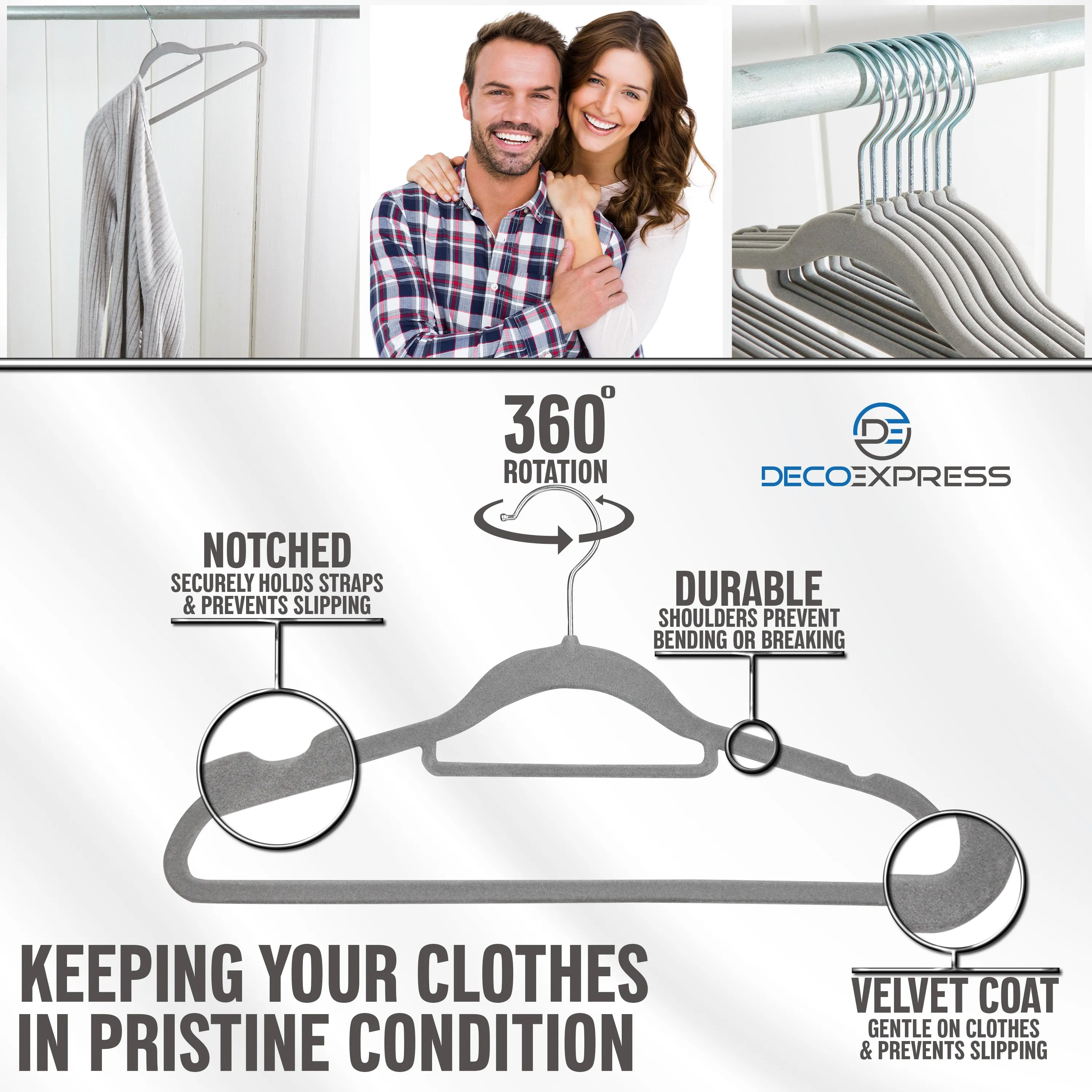 Deco Express Velvet Hangers, Space Saving Non Slip Coat Hangers for Clothes (50 Pack)