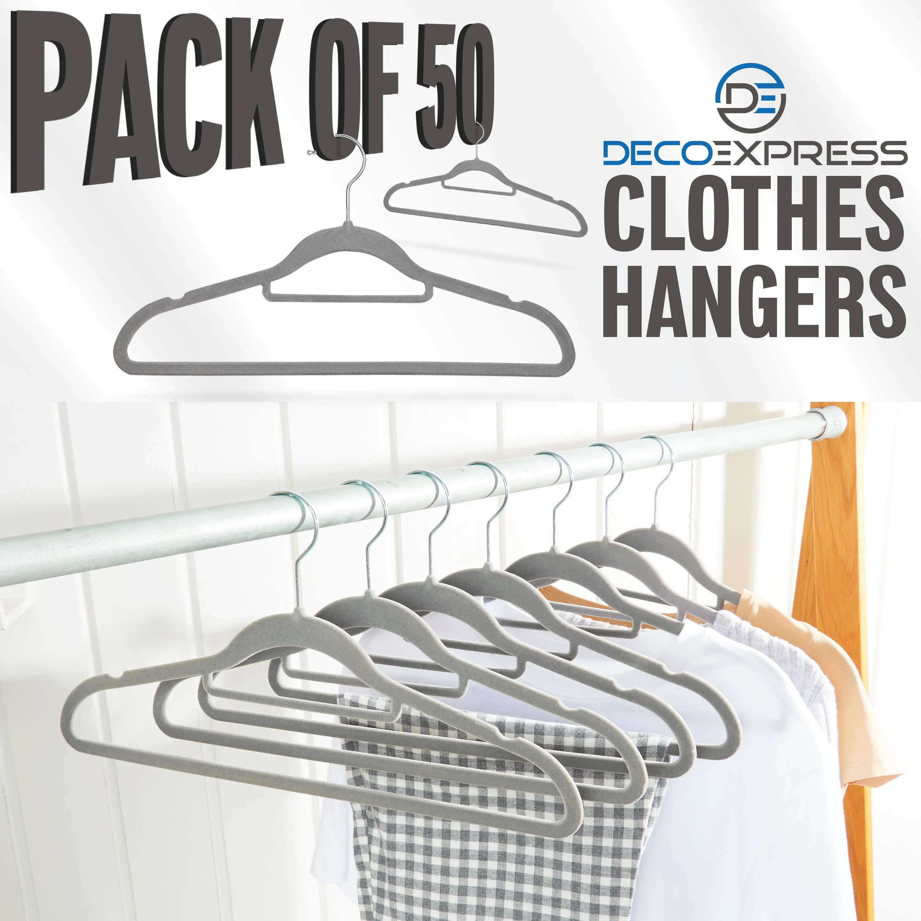 Deco Express Velvet Hangers, Space Saving Non Slip Coat Hangers for Clothes (50 Pack)