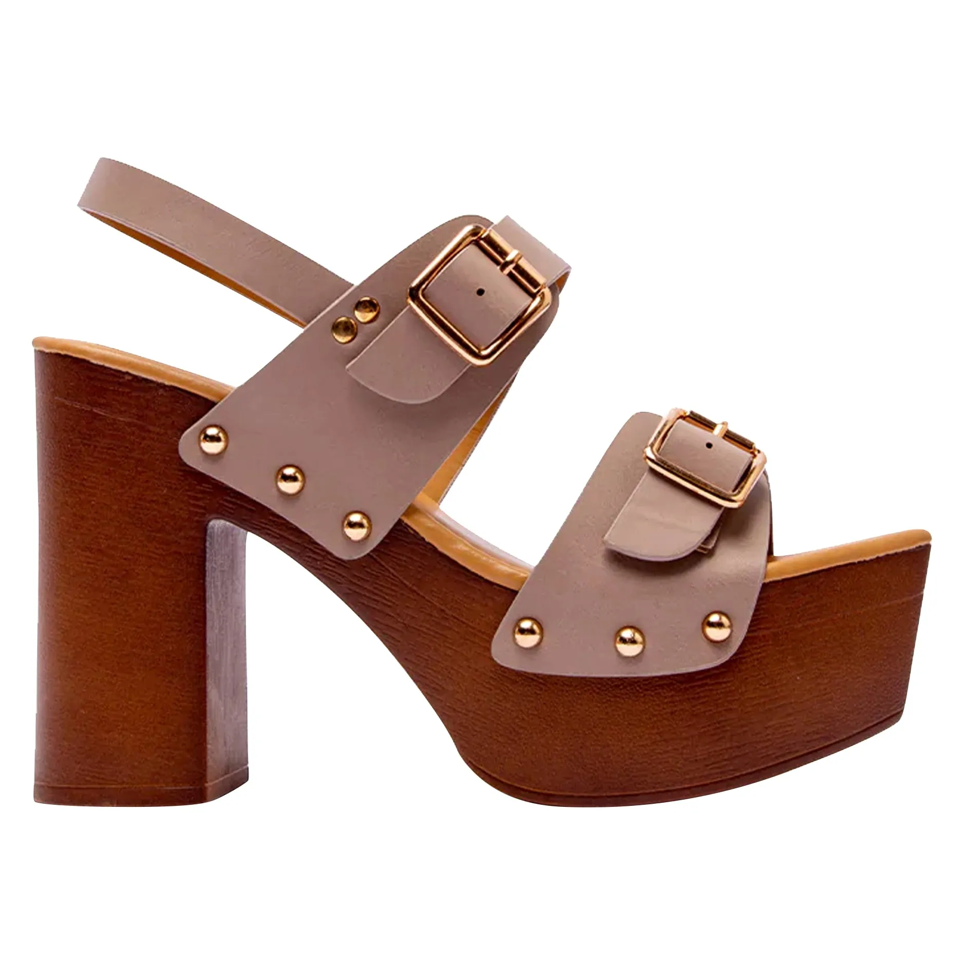 Double Buckle Straps Sandals Wood Accents Godden Studs Taupe