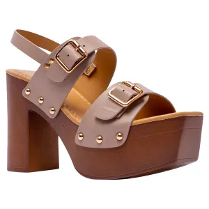 Double Buckle Straps Sandals Wood Accents Godden Studs Taupe