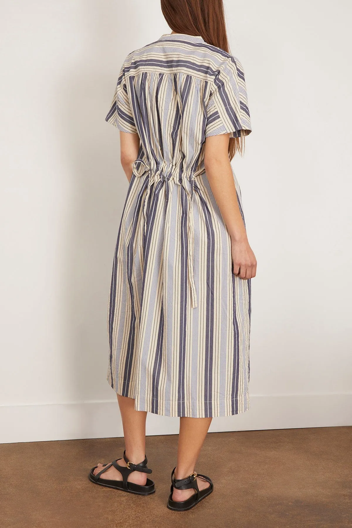 Drawstring Waist Stripe Cotton Shirt Dress in Ecru/Mixed Blues