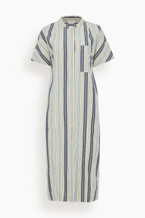 Drawstring Waist Stripe Cotton Shirt Dress in Ecru/Mixed Blues