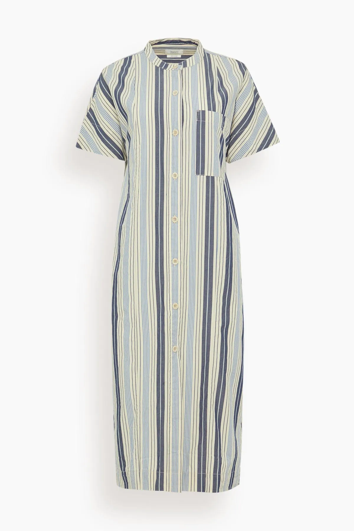 Drawstring Waist Stripe Cotton Shirt Dress in Ecru/Mixed Blues