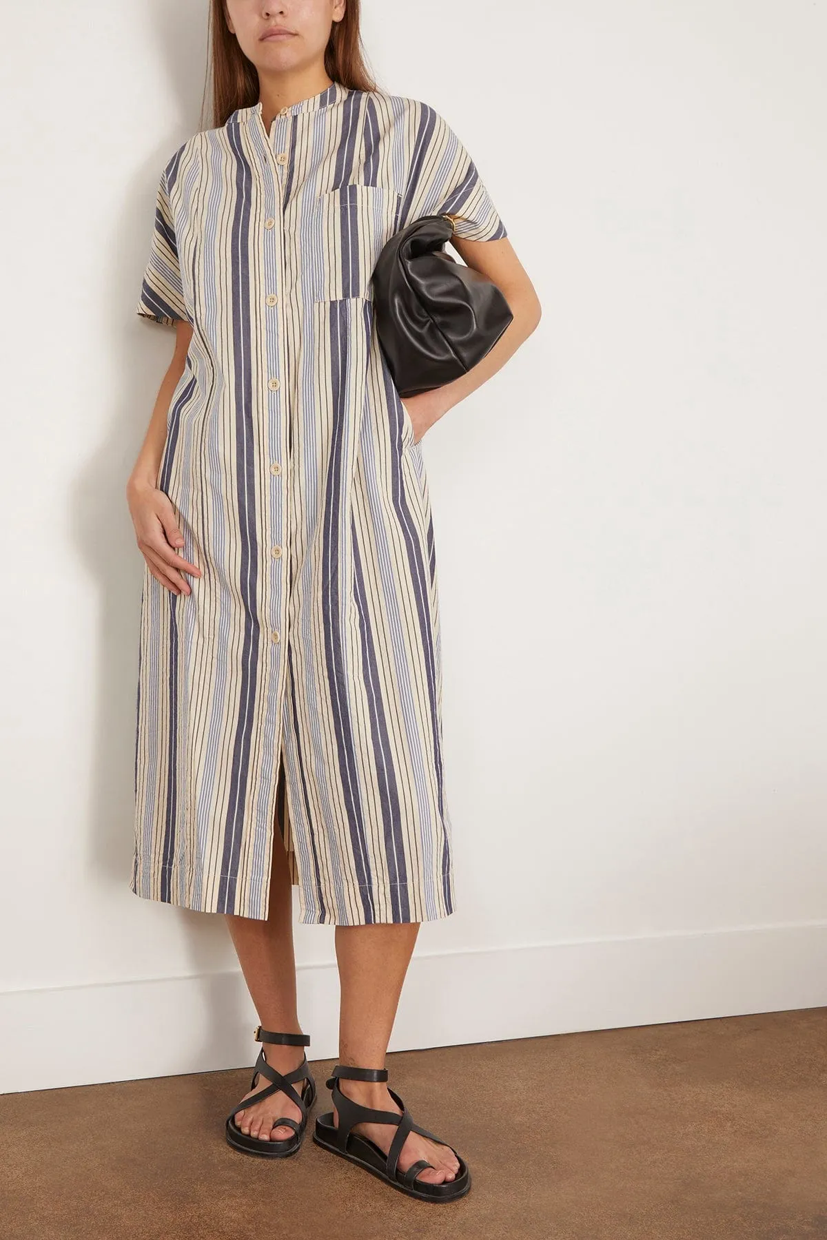 Drawstring Waist Stripe Cotton Shirt Dress in Ecru/Mixed Blues