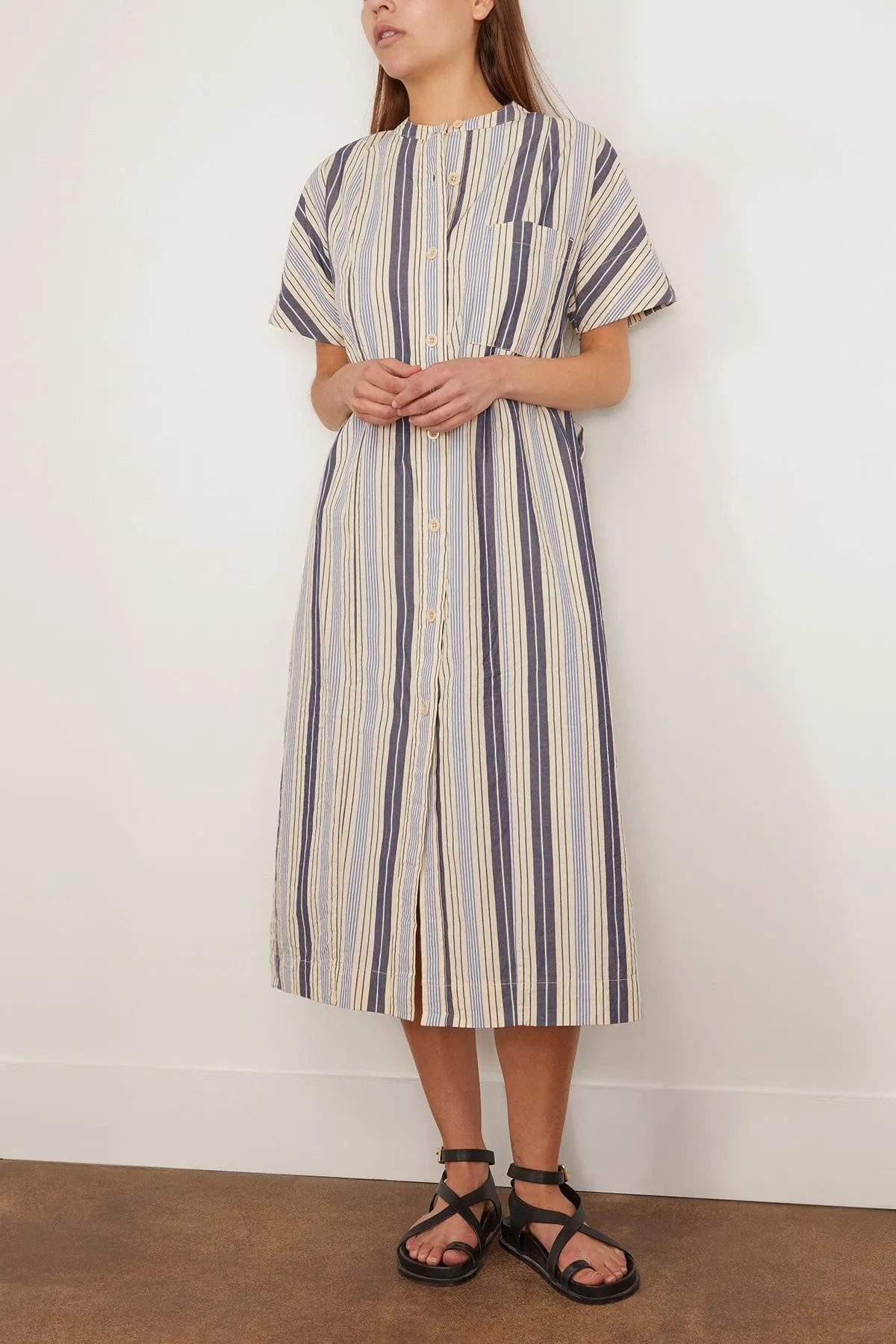 Drawstring Waist Stripe Cotton Shirt Dress in Ecru/Mixed Blues