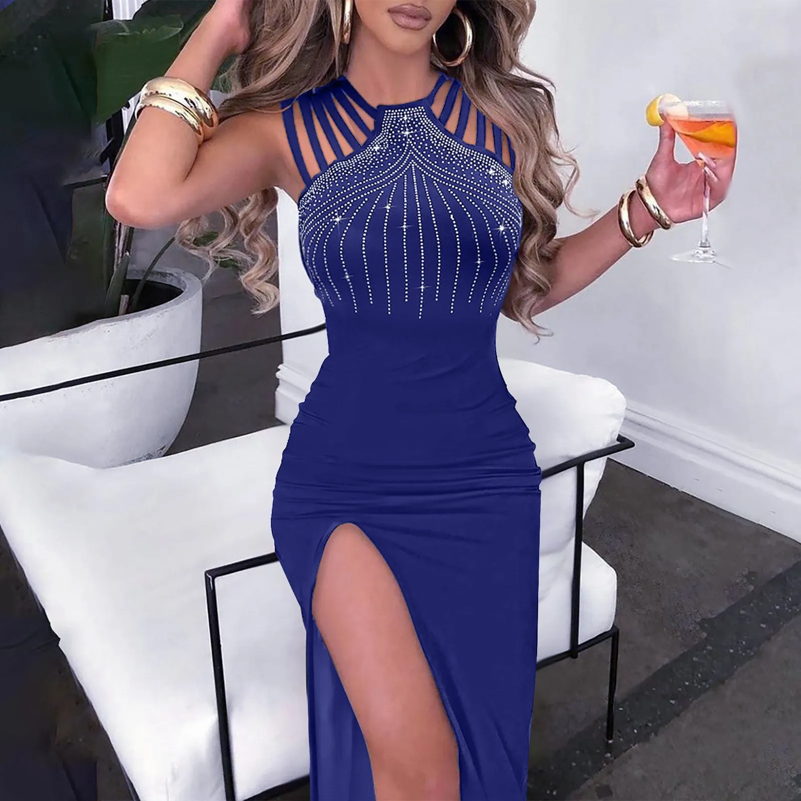 Elegant Rhinestone Split Sheath Dress