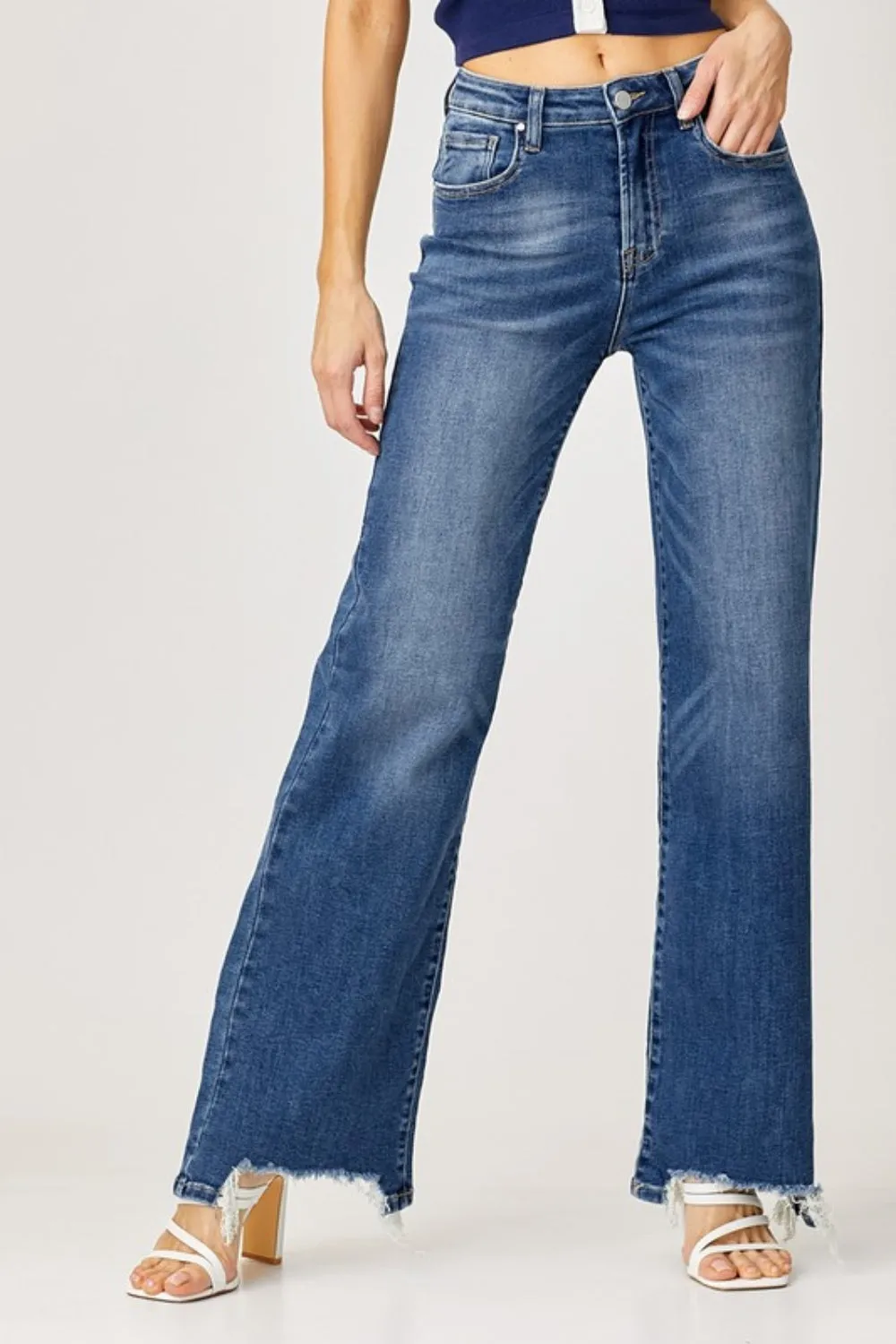 Elevate Your Style: Risen High Rise Frayed Hem Wide Leg Jeans