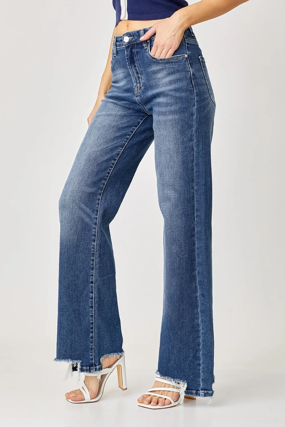 Elevate Your Style: Risen High Rise Frayed Hem Wide Leg Jeans