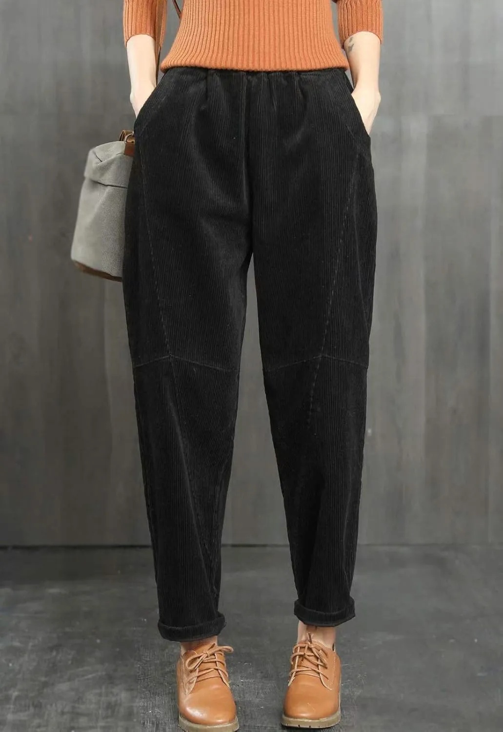 Flygo Women's Retro Corduroy Harem Pants Loose Fit Tapered Pant Trousers