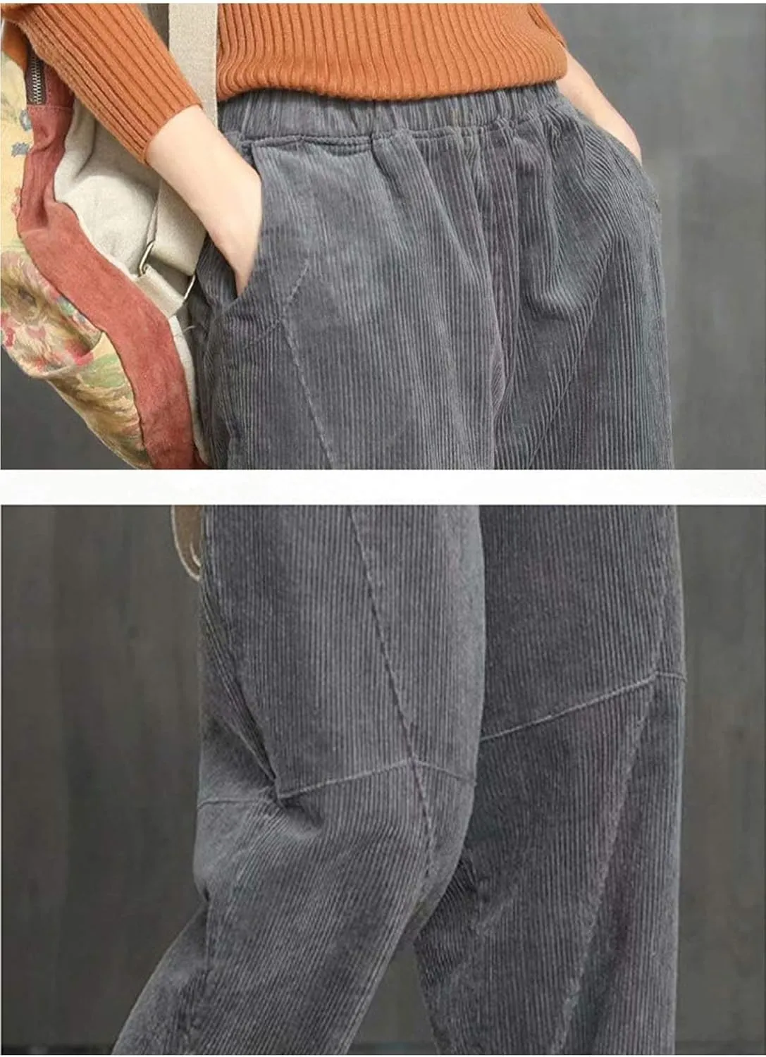 Flygo Women's Retro Corduroy Harem Pants Loose Fit Tapered Pant Trousers