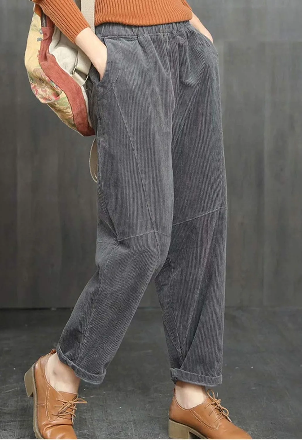Flygo Women's Retro Corduroy Harem Pants Loose Fit Tapered Pant Trousers