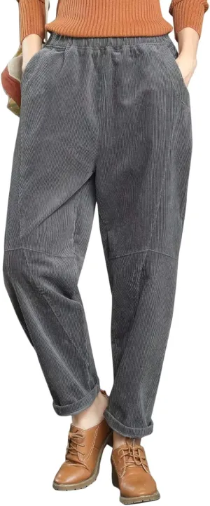 Flygo Women's Retro Corduroy Harem Pants Loose Fit Tapered Pant Trousers