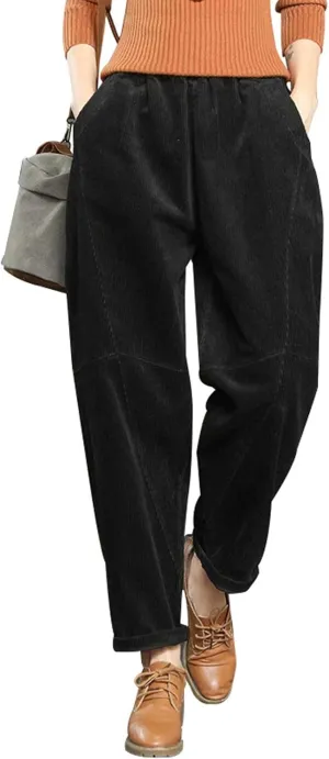 Flygo Women's Retro Corduroy Harem Pants Loose Fit Tapered Pant Trousers