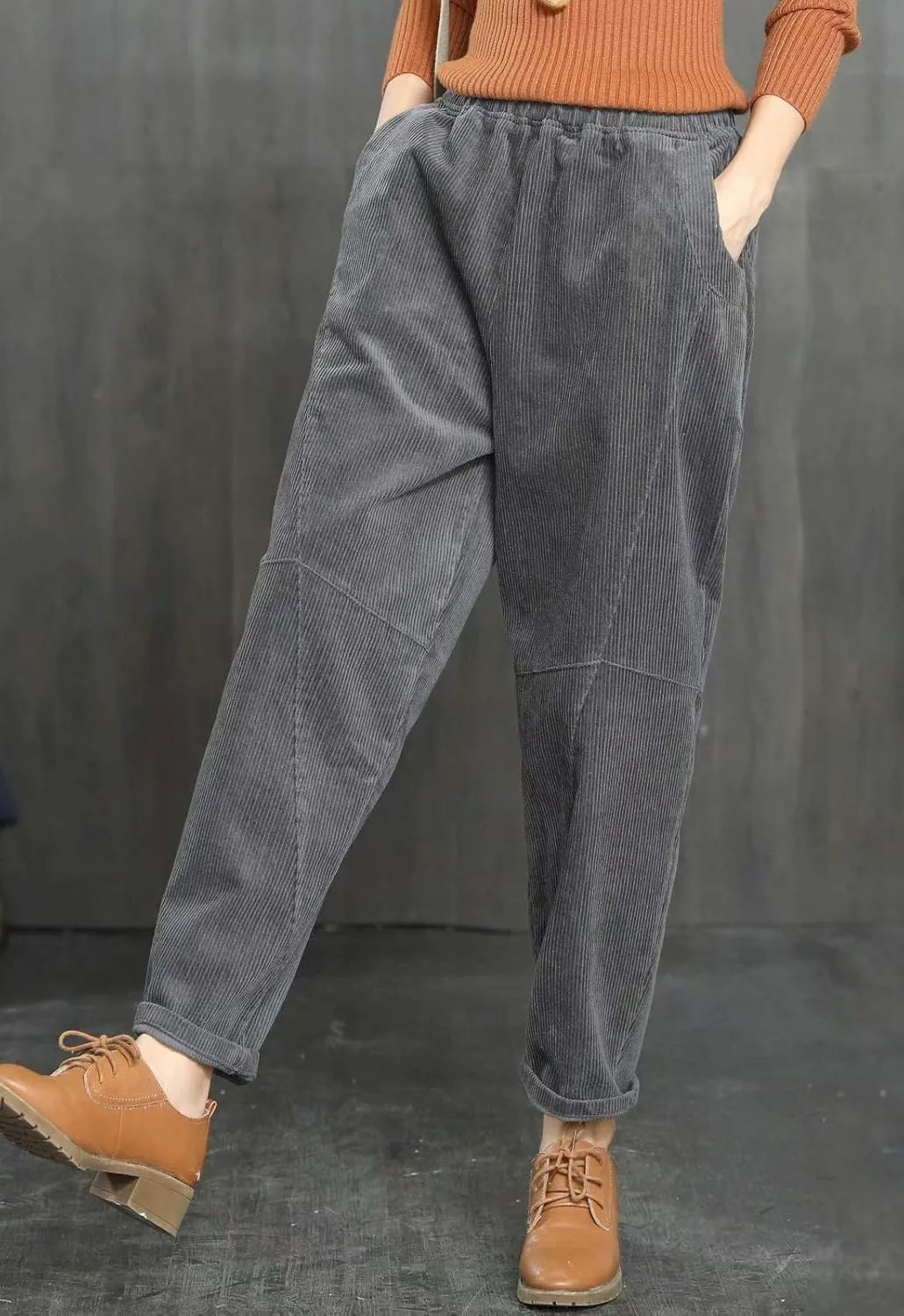 Flygo Women's Retro Corduroy Harem Pants Loose Fit Tapered Pant Trousers