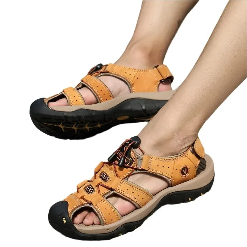 Hollow Breathable Genuine Leather Men's  Slippers Outdoor Sandals
