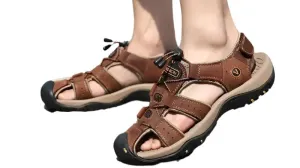 Hollow Breathable Genuine Leather Men's  Slippers Outdoor Sandals
