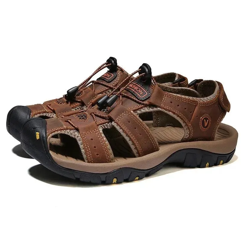 Hollow Breathable Genuine Leather Men's  Slippers Outdoor Sandals