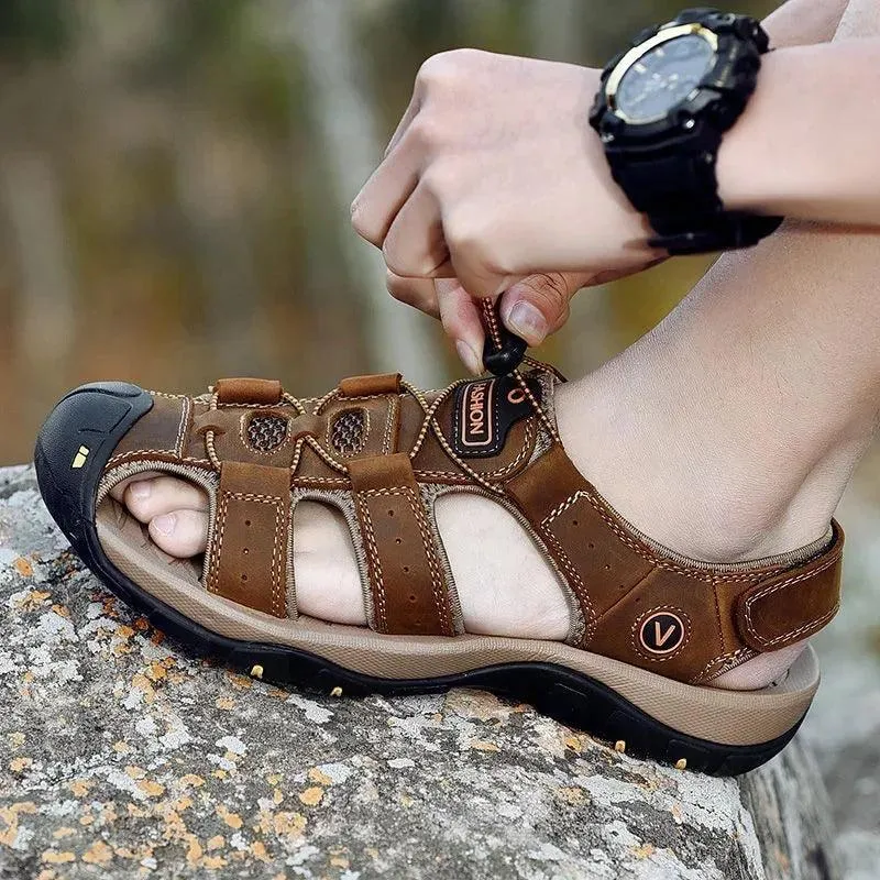 Hollow Breathable Genuine Leather Men's  Slippers Outdoor Sandals