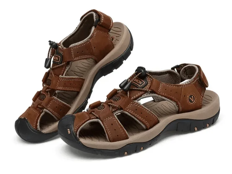 Hollow Breathable Genuine Leather Men's  Slippers Outdoor Sandals