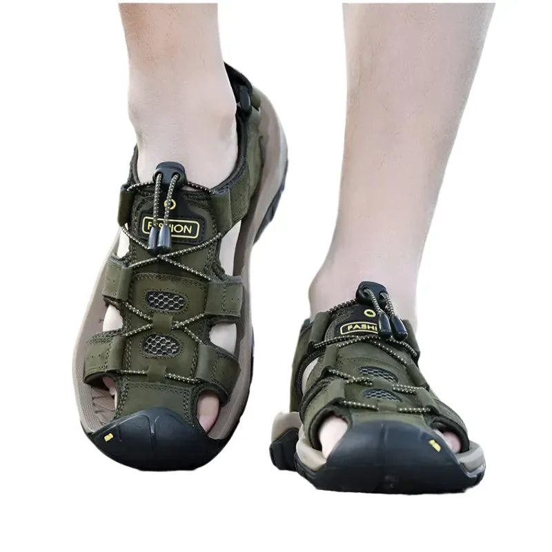 Hollow Breathable Genuine Leather Men's  Slippers Outdoor Sandals