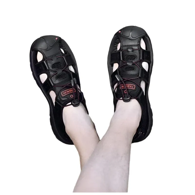 Hollow Breathable Genuine Leather Men's  Slippers Outdoor Sandals