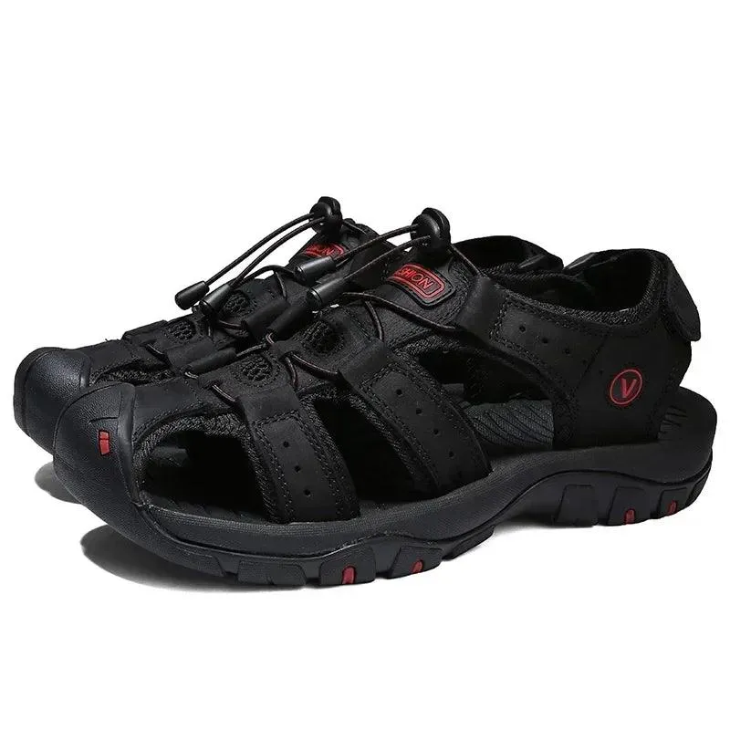 Hollow Breathable Genuine Leather Men's  Slippers Outdoor Sandals