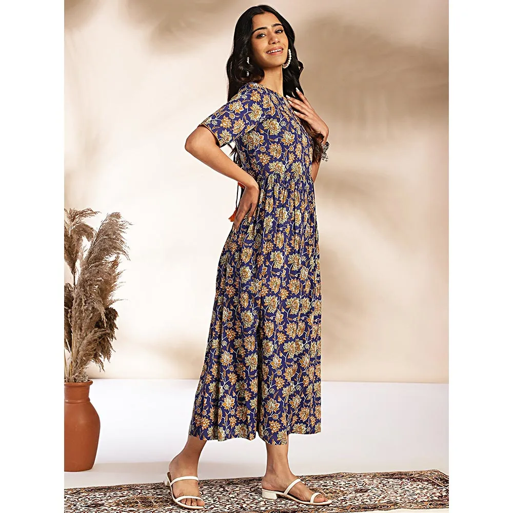 Janasya Womens Dark Blue Cotton Floral Printed Gathered Maxi Dress