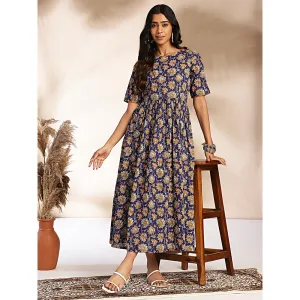 Janasya Womens Dark Blue Cotton Floral Printed Gathered Maxi Dress