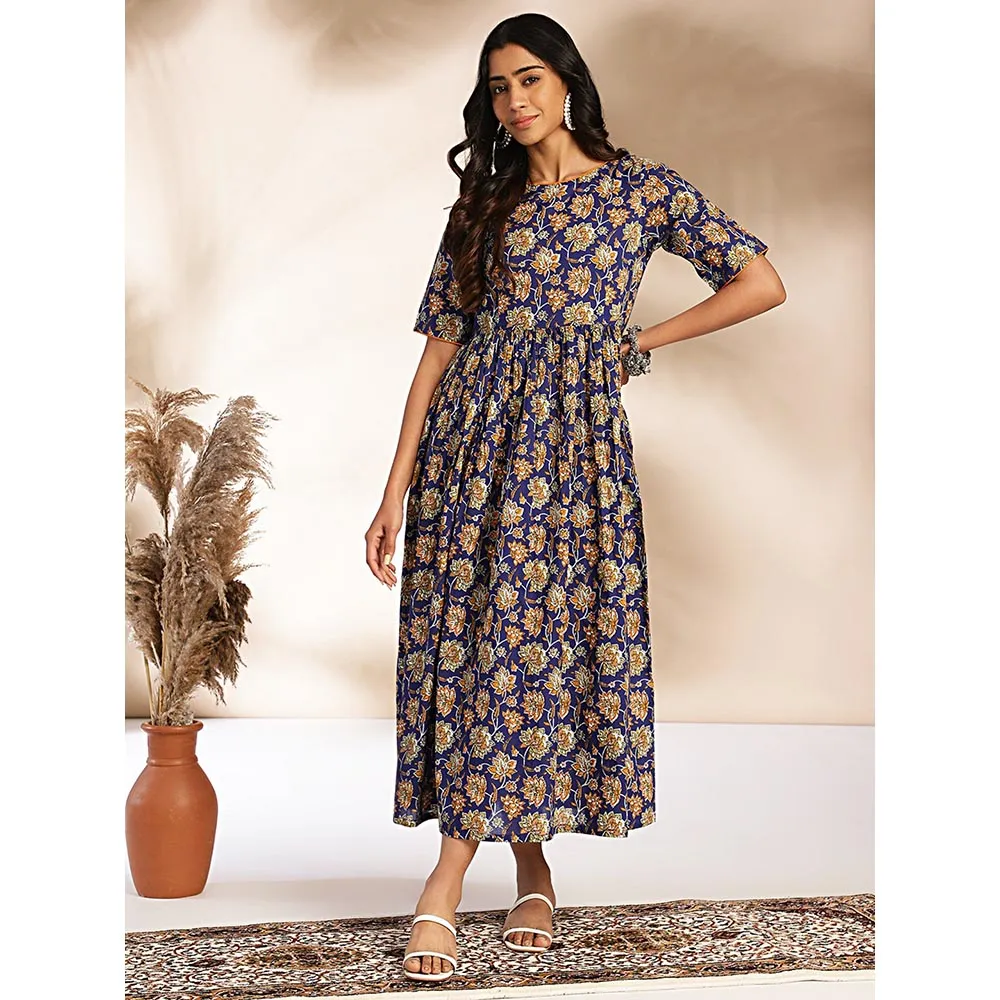 Janasya Womens Dark Blue Cotton Floral Printed Gathered Maxi Dress