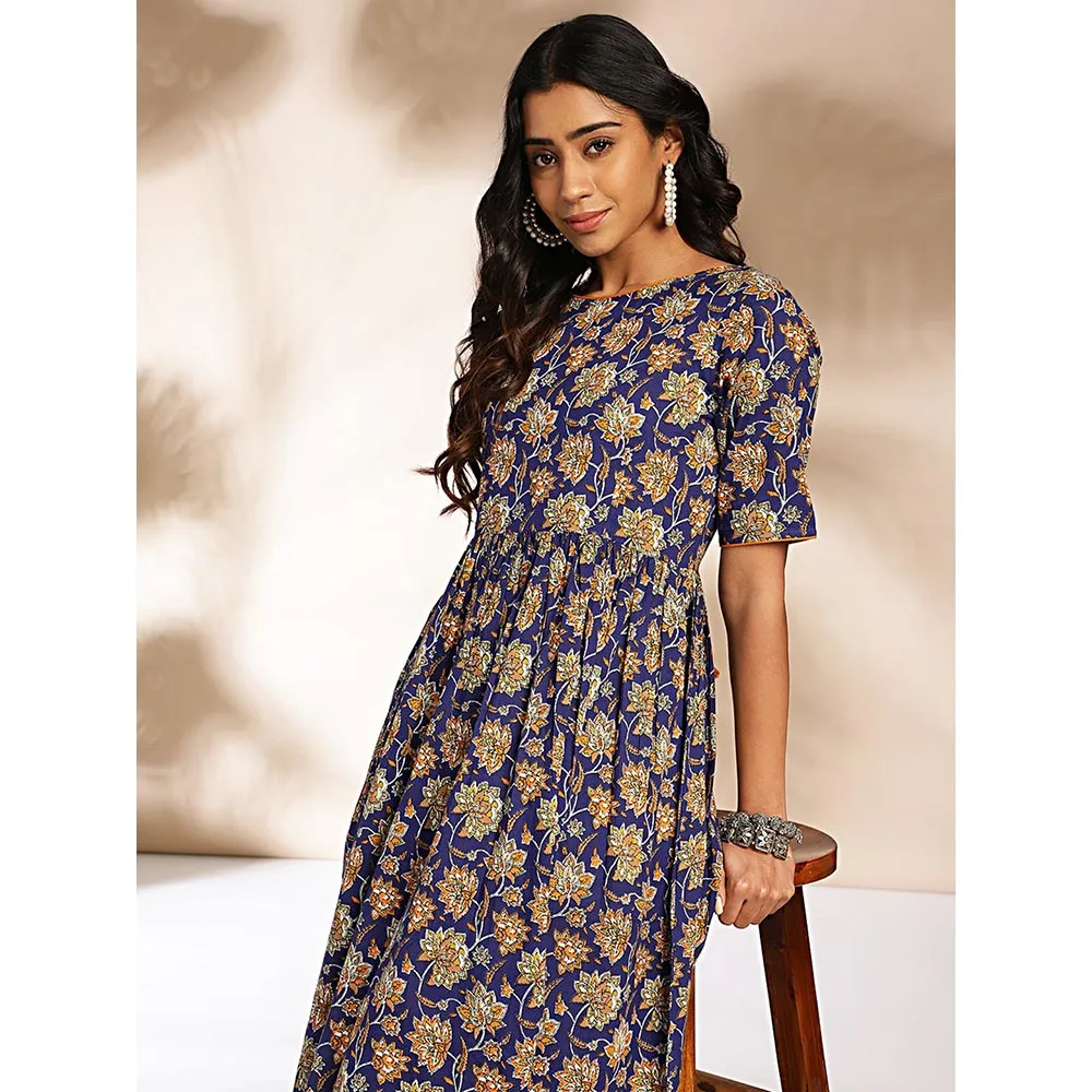Janasya Womens Dark Blue Cotton Floral Printed Gathered Maxi Dress