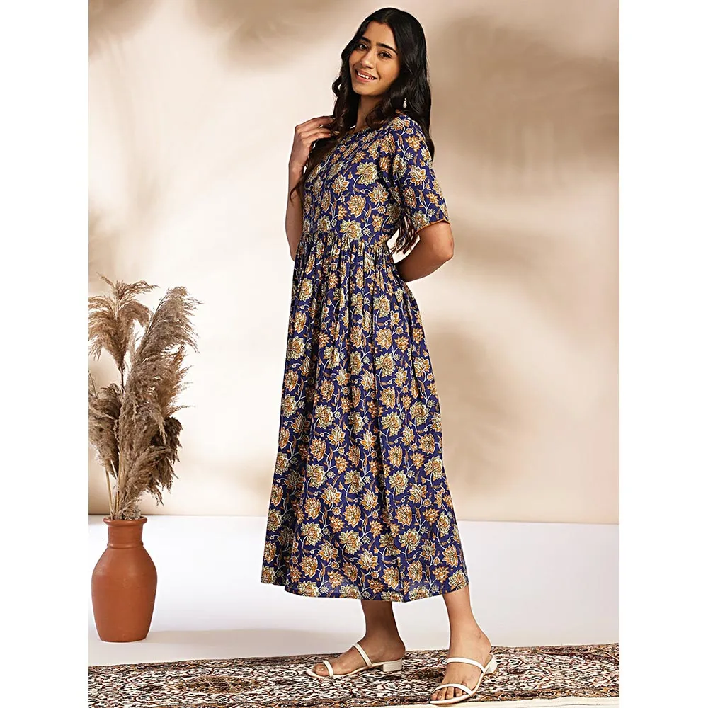 Janasya Womens Dark Blue Cotton Floral Printed Gathered Maxi Dress