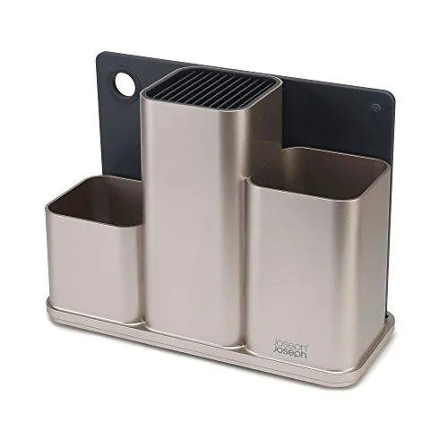 Joseph Joseph 85122 Counterstore Kitchen Utensil Holder Knife Block And Cutting Board Set, Silver